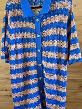 Aaron and Amber Blue and Tan Striped Knit Button-Up Dress or coverup NWT